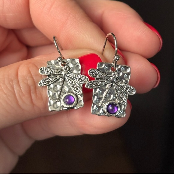 🛍️ 4/$20❗️ 💙Boho Silver Dragonfly Plaque and Purple Stone Dangle Earrings - Picture 2 of 3